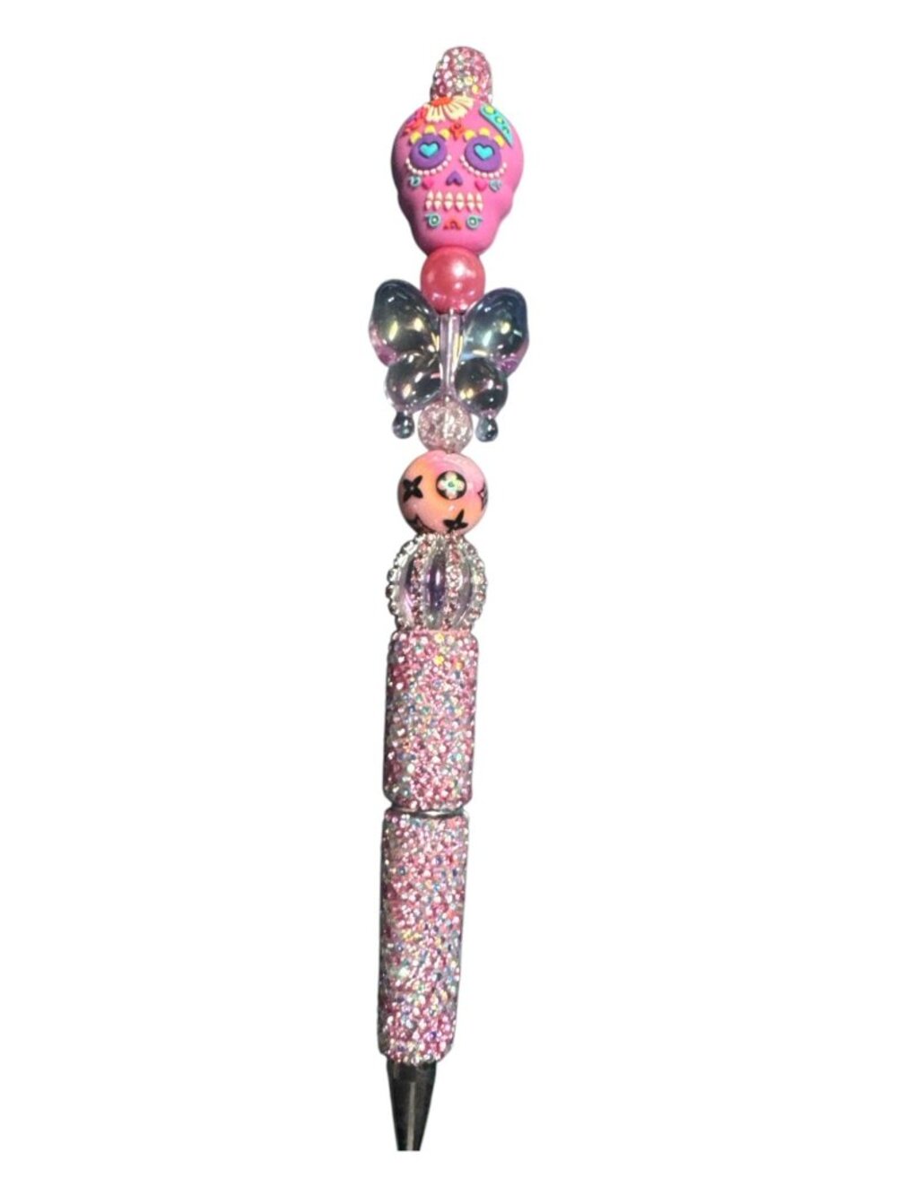 Day Of The Dead Sugar Skull Beaded Ballpoint Pen Pink & Glitter Design Decorativ